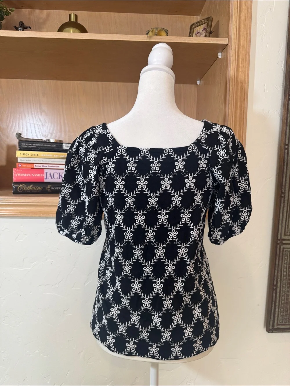 Lost Black and White Square Neck Blouse with Puff Sleeve Detail